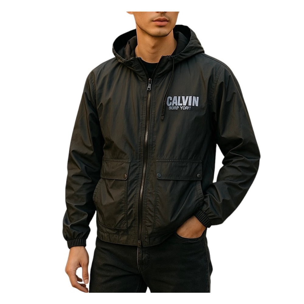 Calvin Klein Black Nylon Windbreaker Lightweight Hooded Jacket Coat Size MEDIUM